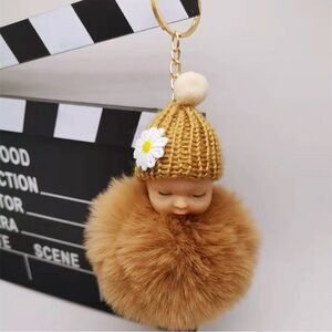 Sweet, Soft, Cute, Brown Fluffy Pom Pom Sleeping Baby Bag Charm/Keychain